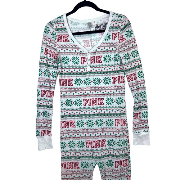 Victoria's Secret PINK Christmas Fair Isle Thermal One-Piece Pajamas S - Picture 2 of 9